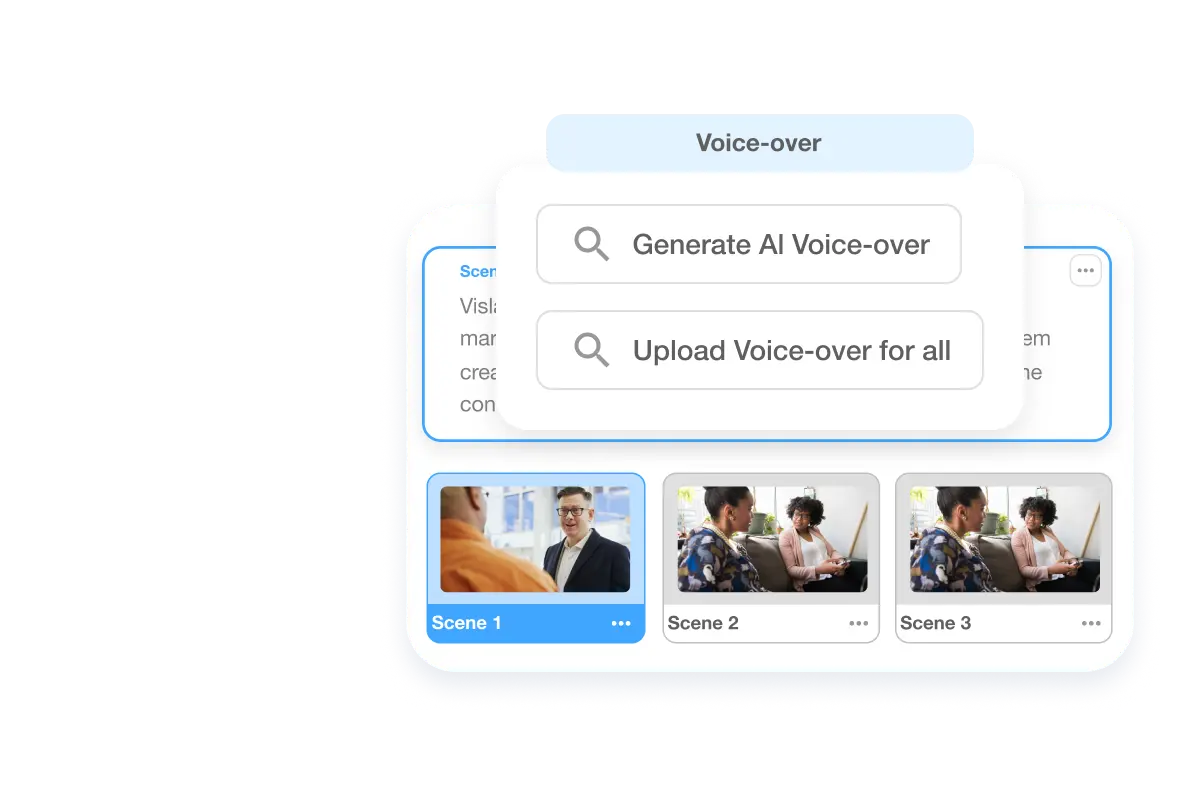 AI Video editing tools - Interface showing AI Voiceover feature for generating natural-sounding narrations with diverse voice and language options, enhancing video content for instructional, promotional, and corporate use.